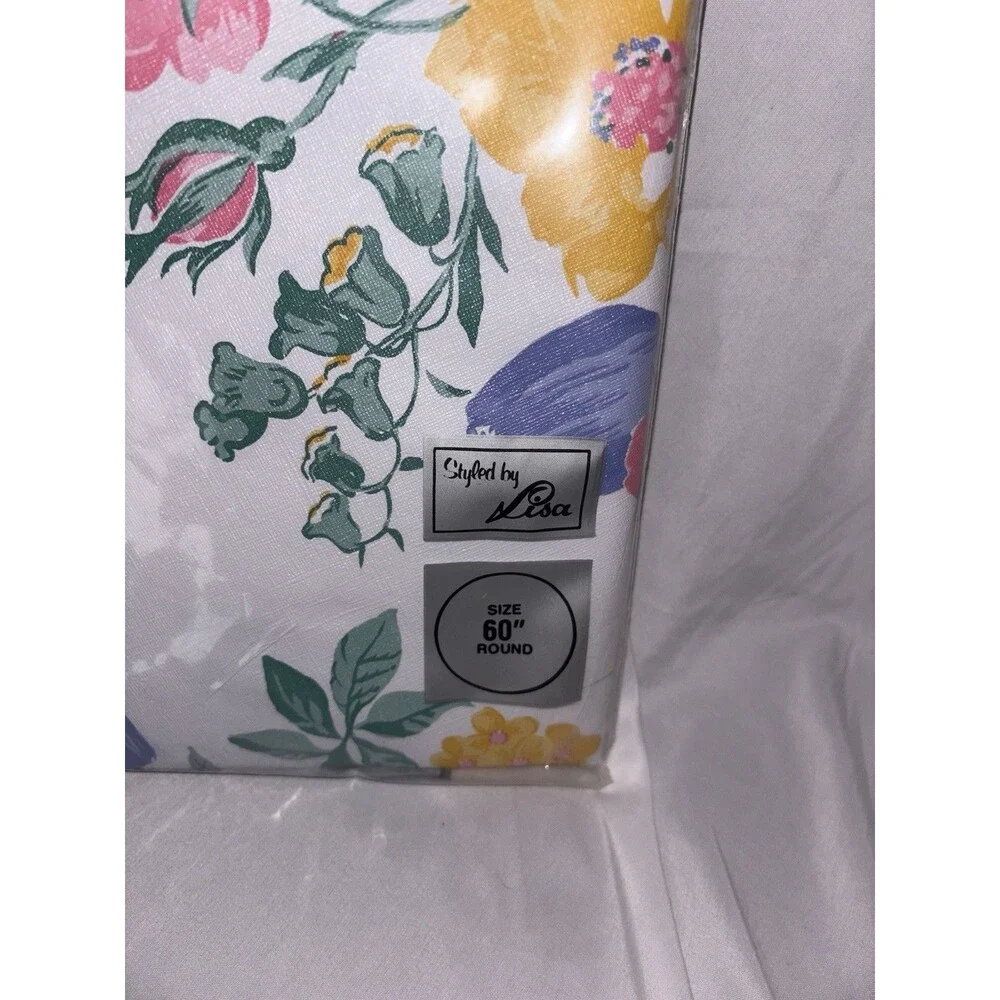 Saxony Vinyl Floral Round Tablecloth 60 in Flannel Backed Wipe Clean Vintage